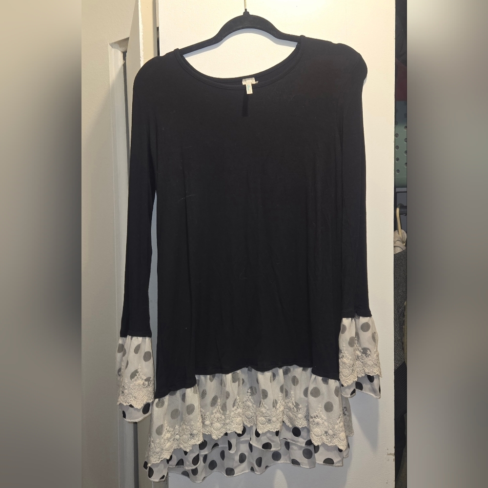 Bellamie Black Long Sleeve Tunic with Polka Dot Lace Trim
